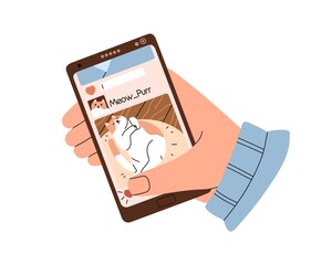 Wall Mural - hand holding mobile phone, scroll screen with cats photos in social media, networks. person use smar