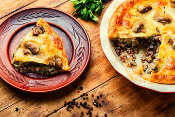 Wall Mural - Savoury pie with meat and mushrooms.