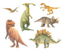 Dinosaurs Illustration Set. Hand Painted Watercolor Cartoon Dinosaur Silhouettes Isolated On White Background.