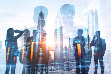 Poster - Abstract image of businessmen and women working together on abstract city office background with daylight and forex chart. Teamwork, trade, stock and finance concept. Double exposure.