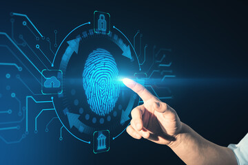 Wall Mural - Close up of business man hand pointing at creative blue fingerprint scanning interface on dark background. Biometrics, information, network data, security and future concept. Double exposure.