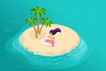 Wall Mural - 3d isometry, an island in the sea with palm trees, a beautiful girl alone in nature, doing morning m