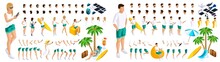Isometric Set Of Gestures Of Hands And Feet Of Girls And Guys 3d Teenagers, Rest, Girls And Guys On The Beach. Create Your Character For Vector Illustrations