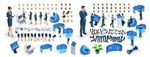 Isometric Business Lady And Businessman With Gadgets. Create Your Character, A Set Of Emotions, Gestures Of Hands, Feet, Hairstyles. Set 2