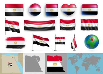 Wall Mural - egypt flags of various shapes and country map set. realistic egyptian waving flags, glossy buttons i