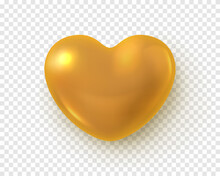Realistic Gold 3d Heart Isolated On Transparent Background. Golden Glossy Metal Heart, Festive Decor Design Element Vector Illustration