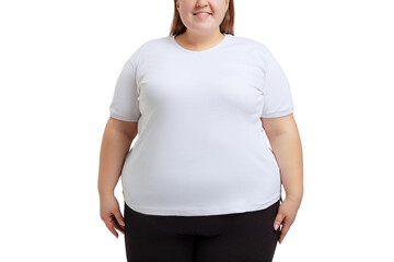 Wall Mural - Cropped image of plus-size woman wearing white t-shirt and jeans posing isolated on white studio background.