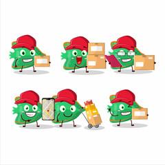 Wall Mural - Cartoon character design of fish green gummy candy working as a courier