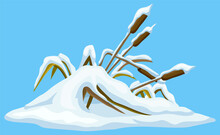 Marsh Reed, Grass Under Snow. Swamp Cattails Winter. Broken Weed And Snowdrifts. Vector Bulrush For Computer Games Isolated On Blue Background.