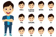Cartoon kid boy character talking mouth and lips expressions vector animations poses pronunciation speak, tongue and articulate and wearing beautiful outfit
