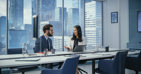 Poster - Multi-Ethnic Businesspeople in Modern Office: Asian Businesswoman and Caucasian Businessman Talk. Top Manager and Partner Investor Discuss e-Commerce Software Investment Strategy.