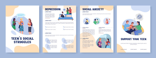 Wall Mural - Teens social struggles flat vector brochure template. Flyer, booklet, printable leaflet design with flat illustrations. Magazine page, cartoon reports, infographic posters with text space