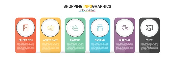 Concept of shopping process with 6 successive steps. Six colorful graphic elements. Timeline design for brochure, presentation, web site. Infographic design layout.