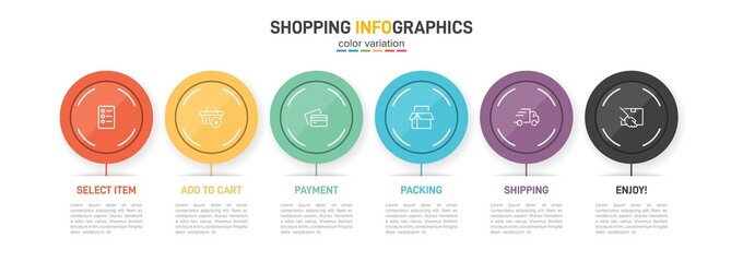 Concept of shopping process with 6 successive steps. Six colorful graphic elements. Timeline design for brochure, presentation, web site. Infographic design layout.