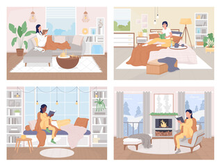 Reading at home flat color vector illustration set. Relaxing at home with book. Woman sitting on sofa with blanket. Resting indoors 2D cartoon characters with home interior on background collection