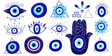 Greek Evil Eye Amulet And Hamsa Hand In A Set. Turkish Eye In A Pyramid, In A Triangle For Amulet And Protection. Vector Illustration In Flat Style