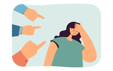 Wall Mural - Hands of people pointing to sad female victim. Bullying and prejudices of society against woman flat vector illustration. Discrimination, stress concept for banner, website design or landing web page