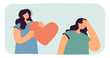 Lesbian giving heart and love to unhappy depressed woman. Sad girl denying romantic gift flat vector illustration. Lovesickness, unrequited love concept for banner, website design or landing web page