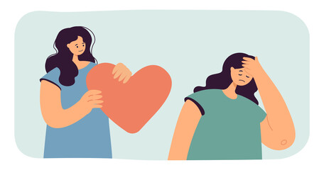 Poster - Lesbian giving heart and love to unhappy depressed woman. Sad girl denying romantic gift flat vector illustration. Lovesickness, unrequited love concept for banner, website design or landing web page