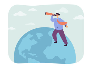 Canvas Print - businessman looking for global opportunity through telescope. man standing on globe flat vector illu