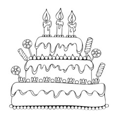 Coloring page birthday cake with cream candles decorated with sweets and lollipops. Hand drawn vector line art illustration. Coloring book for children and adults. Black and white sketch.