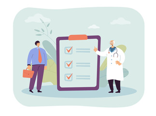Annual regular medical examination of businessman by doctor. Tiny people standing with checklist flat vector illustration. Insurance, prevention concept for banner, website design or landing web page