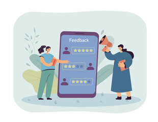 Wall Mural - tiny women standing near smartphone with feedback app. female characters browsing reviews online fla