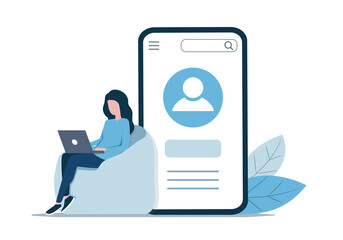 A person using mobile application. Colored flat illustration. Isolated on white background.