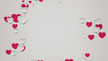 White And Red Polka Dot Valentine Wallpaper With Cut-out Love Hearts. Paper Heart Background With Copy Space.