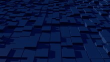 Dark Blue Abstraction With Moving Square Elements And Shadows. Beautiful, Voluminous Texture. 3D Image.
