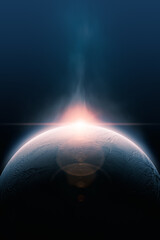 Epic scifi planet in deep space with smoke and lens flare. Science fiction book cover background. Space exploration on alien world. The planet in the image furnished by NASA.