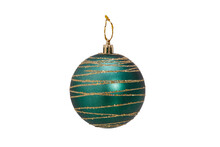 Christmas Tree Decoration Green Ball With Golden Stripes Isolated On White Background