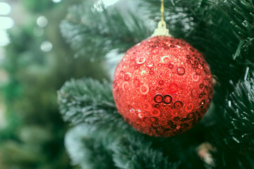 Sticker - christmas tree decoration red ball hanging on a branch