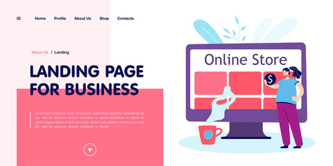 Tiny woman buying things through internet. Female with coin, online store on screen, coffee cup flat vector illustration. Online shopping concept for banner, website design or landing web page