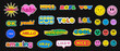 Cool Trendy Stickers Collection. Set of Various Phrases Patches Vector Design. Pack of Yolo, Rofl, Lol and Wow Pins.