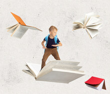 Contemporray Art Collage Of Little Boy, Child Surfing On A Book Isolated Over Light Textured Background