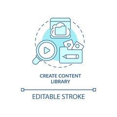 Create content library blue concept icon. Subscription model. Video on demand abstract idea thin line illustration. Isolated outline drawing. Editable stroke. Roboto-Medium, Myriad Pro-Bold fonts used