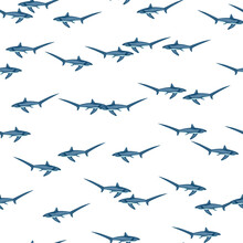 Thresher Shark Seamless Pattern In Scandinavian Style. Marine Animals Background. Vector Illustration For Children Funny Textile.