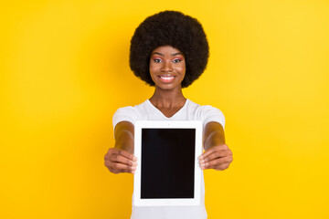 Sticker - Photo of charming nice afro american young lady give you screen tablet empty space isolated on yellow color background