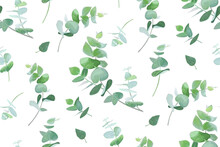 Vector Eucalyptus Tree Greenery, Green Leaves, Branches Seamless Pattern. Beautiful Botanical Watercolor Textile Fabric, Background, Paper Print Design. Stylish, Elegant Vector Decorative Illustration