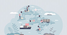 Supply Chain Management With Cargo Logistics And Sourcing Process Tiny Person Concept. Worldwide Transportation And Shipping Scheme For Inventory Storage Control And Products Flow Vector Illustration.