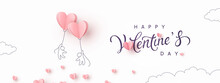 Valentine's Day Postcard With People And Pink Flying Balloons On White Background. Romantic Poster. Vector Paper Symbols Of Love In Shape Of Heart For Greeting Card Design