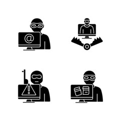 Poster - Cyber attacker black glyph icons set on white space. Cyberterrorism. Cybercriminal trap. Computer disruption. Fraud and coercion on internet. Silhouette symbols. Vector isolated illustration