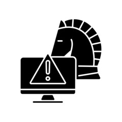 Poster - Backdoor trojan black glyph icon. Malicious remote access to computer. Computer disruption. Device virus and infection. Silhouette symbol on white space. Vector isolated illustration