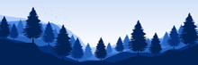 Morning Blue Forest Silhouette Landscape Vector Illustration Good For Wallpaper, Backdrop, Background, Web Banner, And Design Template	