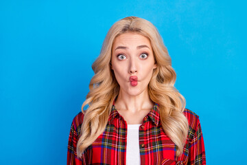 Poster - Photo of lovely blond hairdo young lady do fish face wear red shirt isolated on blue color background