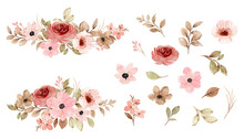 Watercolor Pink Floral Elements And Arrangement Collection
