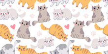 Vector Seamless Pattern With Happy Cute Different Cat Character On White Color Background. Flat Line Art Style Design Of Seamless Pattern With Animal Cat