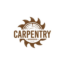 Vintage Carpentry Woodwork Logo With Saw Blade And Wood Vector Design Template