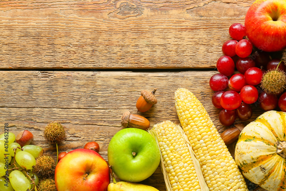 Different healthy food on wooden background. Harvest festival